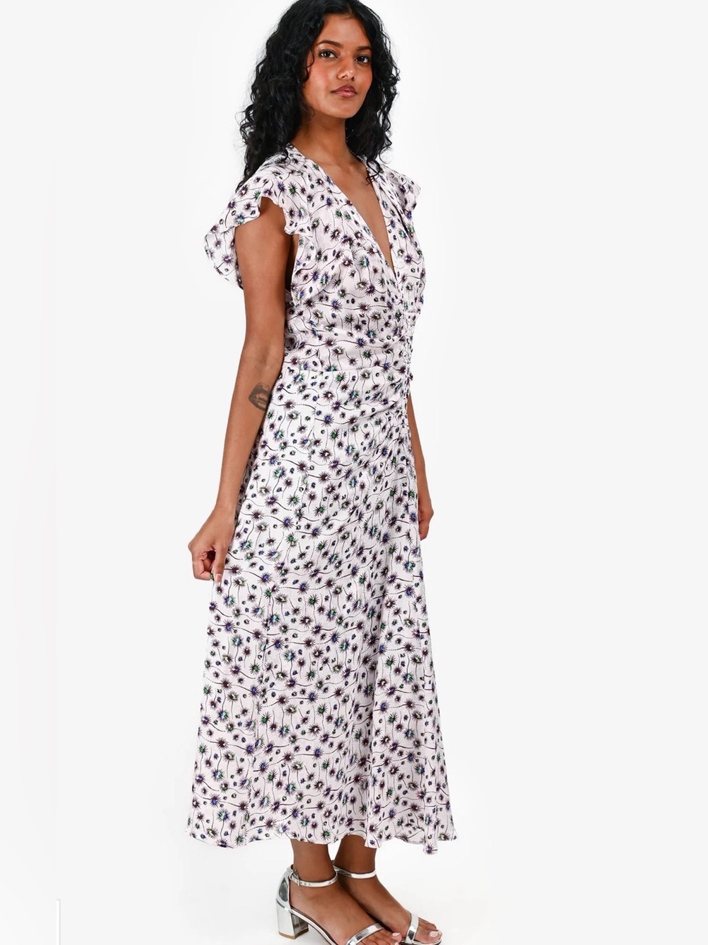 Isabel Marant White Purple Silk Ruched V-Neck Midi Dress Size 34 - Picture 4 of 15